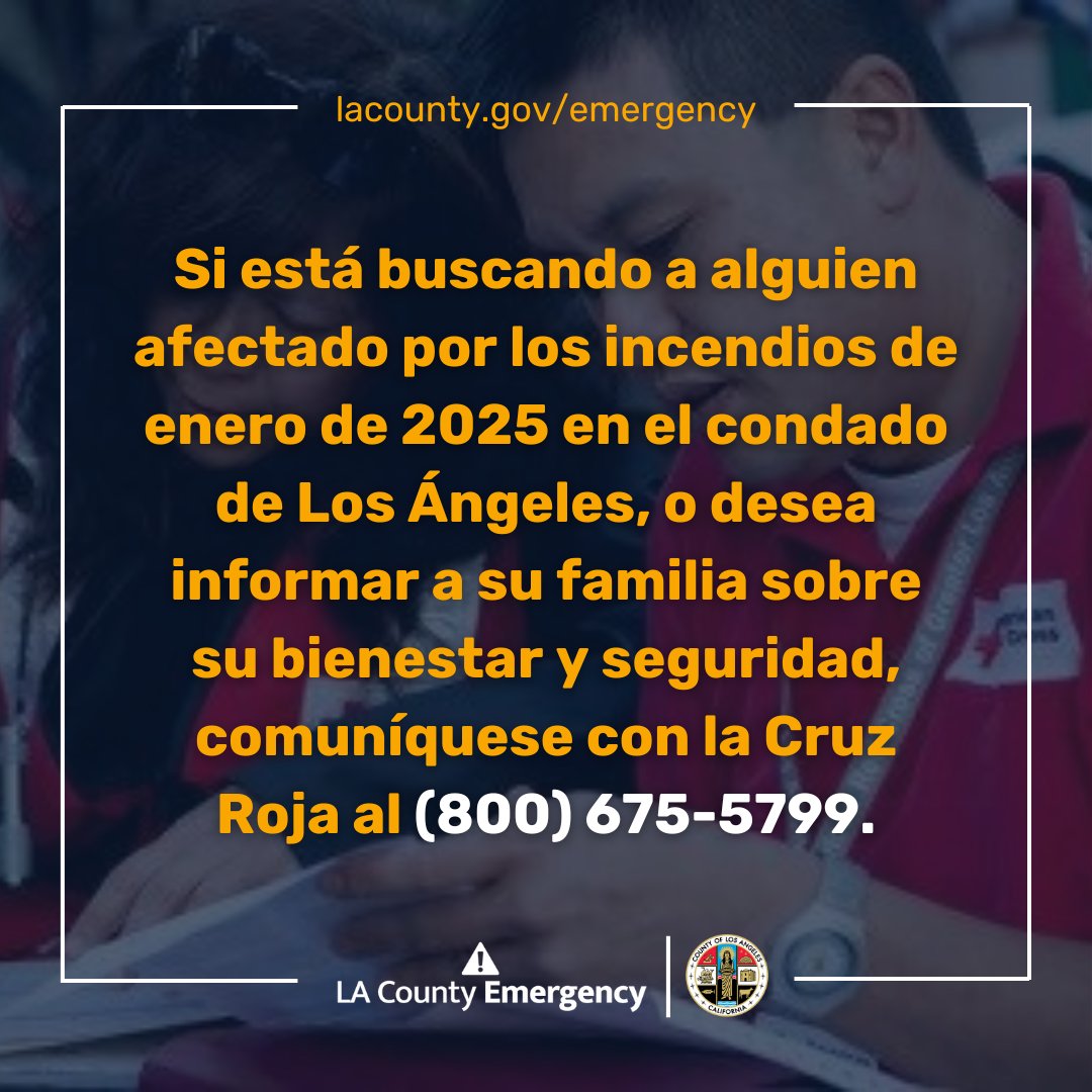 If you are looking for someone impacted by the recent fires in Los Angeles County, or want to inform your family of your safety and wellness, please contact the Red Cross at (800) 675-5799.
#LAFire #PalisadesFire #HurstFire #LidiaFire #WoodleyFire