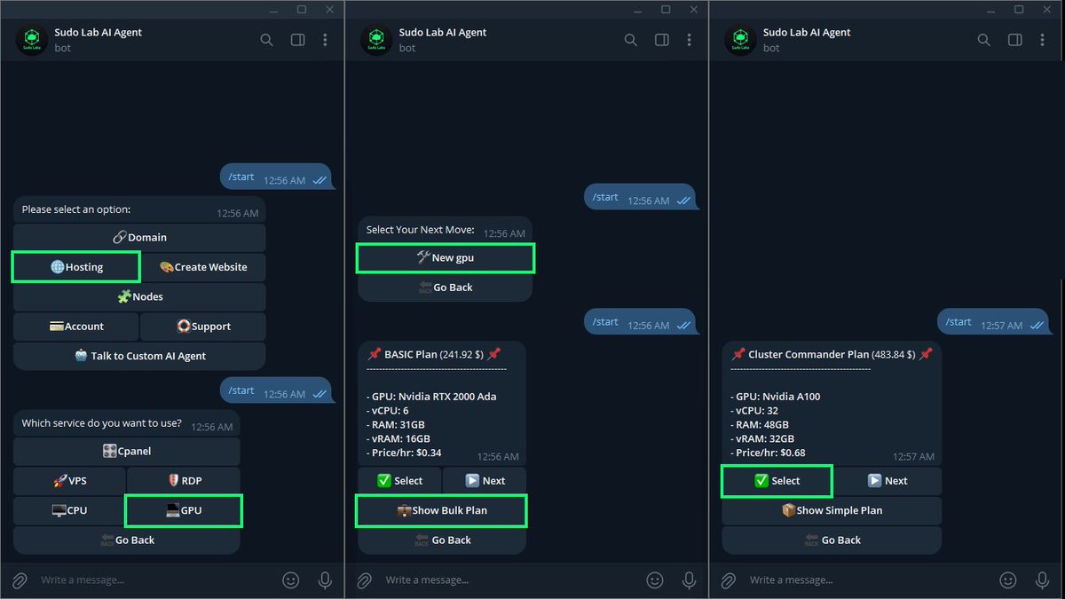 🚨 Exciting Update! 🚨  

GPU Bulk is Now Live on the Sudo Lab Telegram AI Agent! 🎉  

Need GPUs for your big projects? Now you can easily rent bulk GPUs right from our Telegram AI Agent. It’s super simple and ready to power up your tasks! 💻  

Here’s What You Can Do:  
- Train