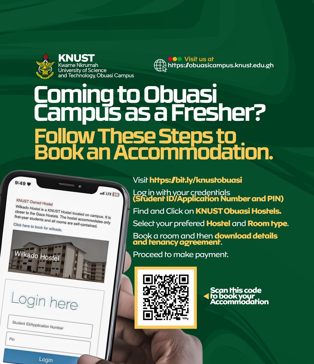 Yet to book your accommodation? Follow these steps and you would be done before you know it. 

Remember, the hostels on the booking platform are the only KNUST Obuasi accredited hostels, where your utmost comfort and security are assured.

#KNUSTObuasi #KNUST