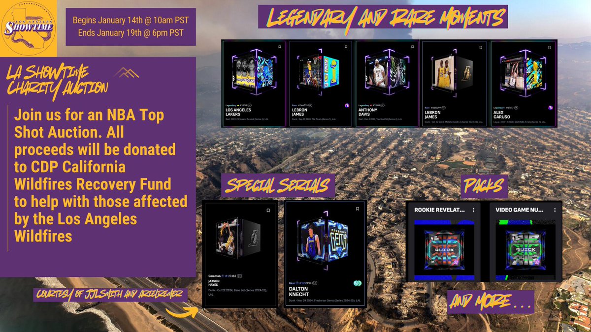 Los Angeles Showtime (@la__showtime) on Twitter photo Charity Auction
Legendary & Rare <a href="/NBATopShot/">NBA Top Shot</a> Moments, Lakers merch, packs & more!
Jan 14 @ 10 AM PST - Jan 19 @ 6 PM PST
Proceeds go to the CDP California Wildfires Recovery Fund.
Learn more in discord
👉 discord.com/channels/60611…
Let’s make a difference together!💪#NBATopShot Charity Auction
Legendary & Rare <a href="/NBATopShot/">NBA Top Shot</a> Moments, Lakers merch, packs & more!
Jan 14 @ 10 AM PST - Jan 19 @ 6 PM PST
Proceeds go to the CDP California Wildfires Recovery Fund.
Learn more in discord
👉 discord.com/channels/60611…
Let’s make a difference together!💪#NBATopShot