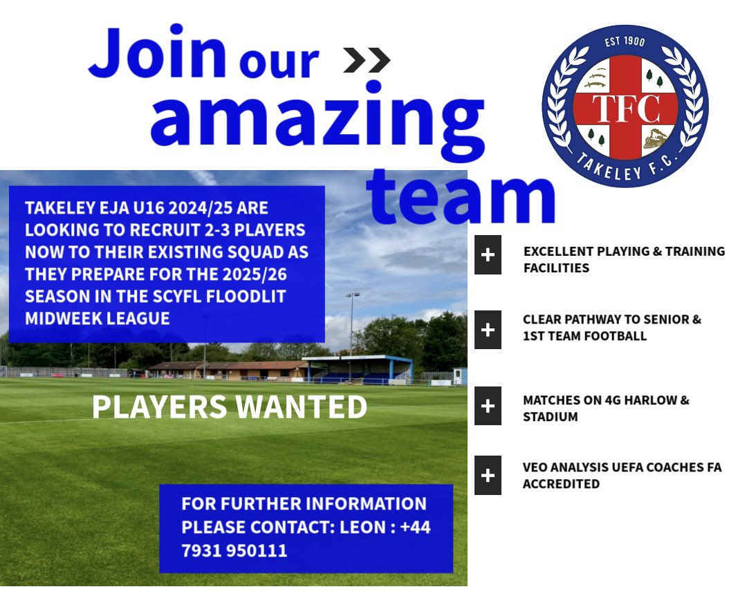 Our talented U16 EJA side are looking to add to their existing squad as the begin preparations for the 2025/26 season in the Southern Counties Youth Floodlight Midweek League for more information please contact Leon +44 7931 950111