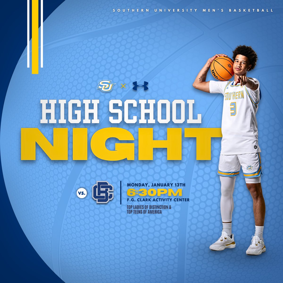 SouthernUsports's tweet photo. High School Night is here!
Rep your school while packing the stands and bringing the energy TOMORROW at our Menβs Basketball Game vs Bethune-Cookman, tip off is at 6:30pm.
Show your High School ID for discounted entry.
#HighSchoolNight | #GoJags | #SouthernIsTheStandard | #ProwlOn | #TheStandardRising π