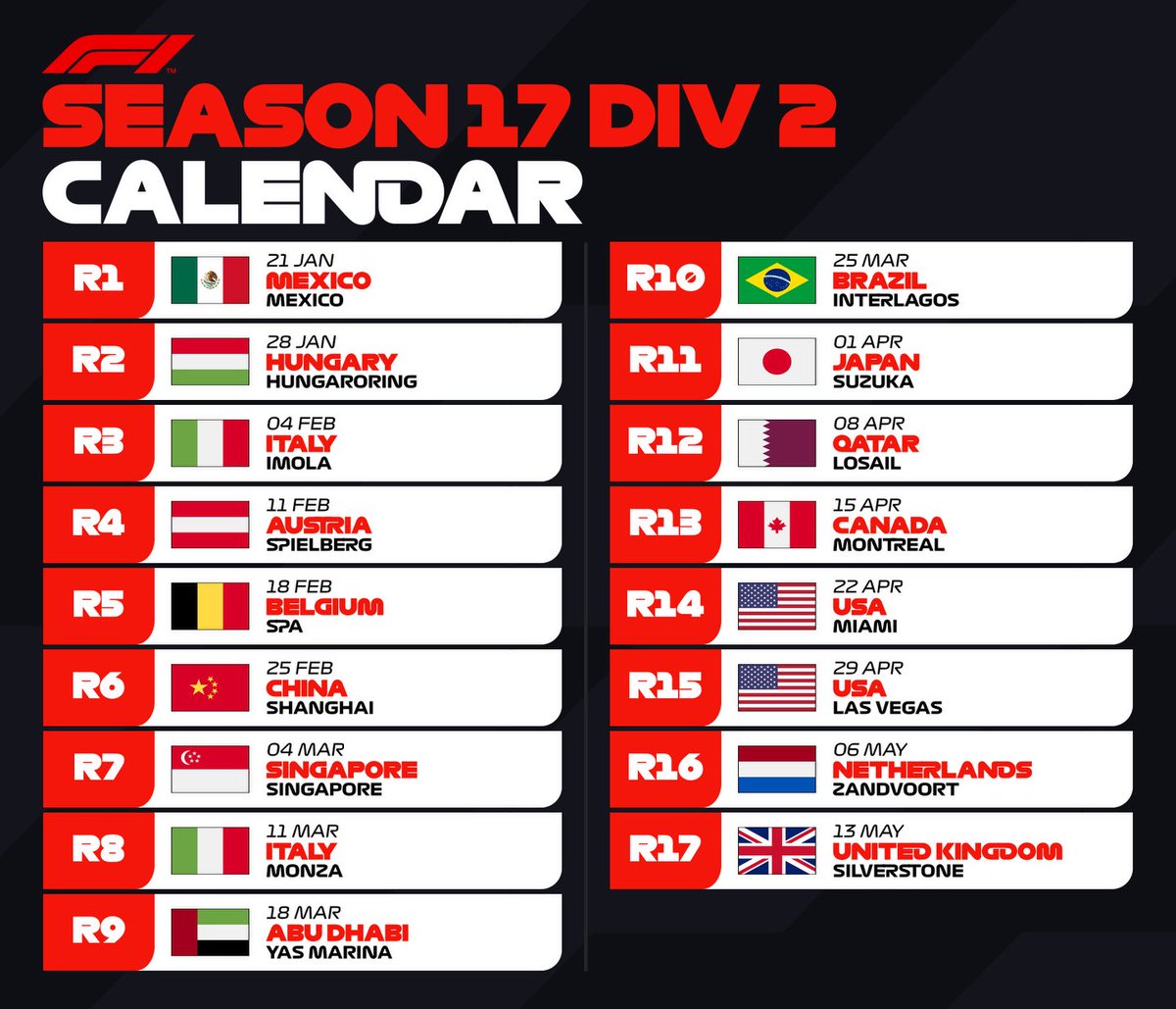 SFRps4's tweet photo. The season 17 Calendar has been released a 17 round season starting in Mexico and ending the season at our home event Silverstone. Welcome also to the league Division 4!! 

#F1Esports https://t.co/2nQuB46JCC