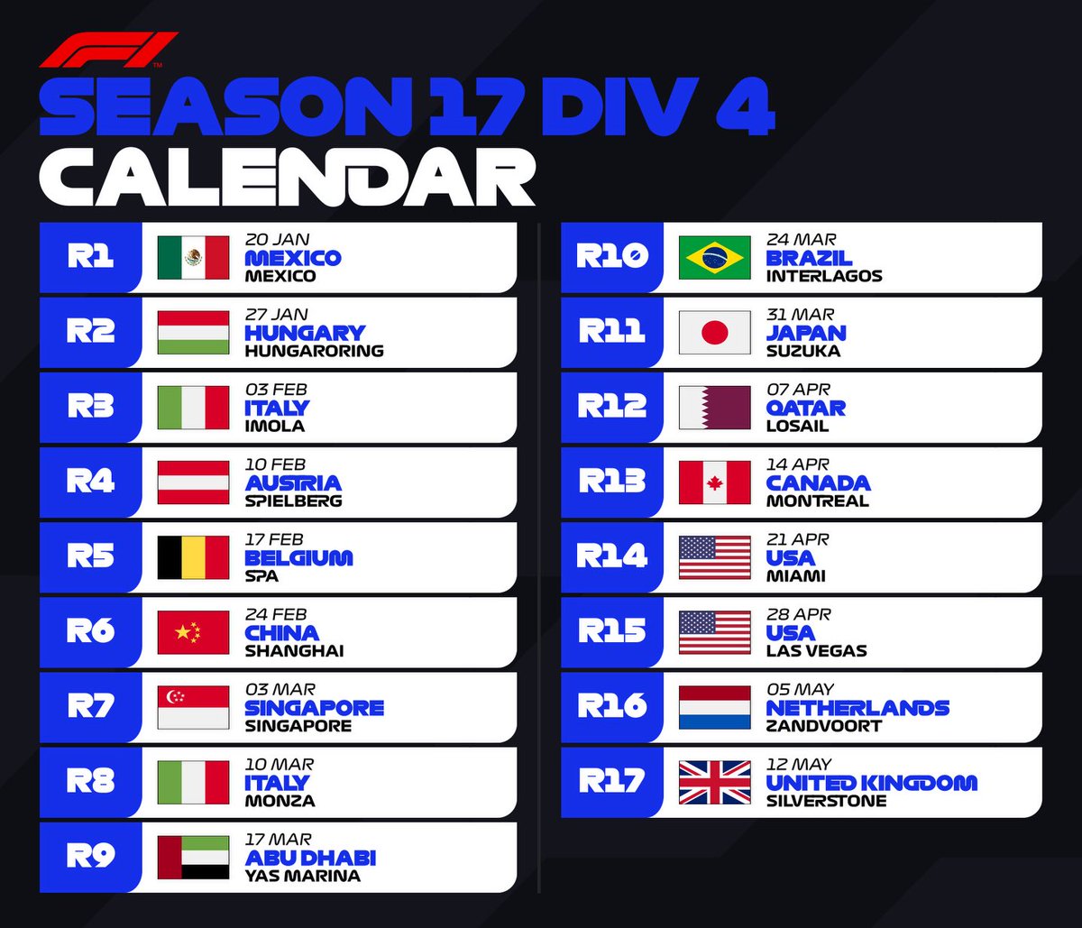 SFRps4's tweet photo. The season 17 Calendar has been released a 17 round season starting in Mexico and ending the season at our home event Silverstone. Welcome also to the league Division 4!! 

#F1Esports https://t.co/2nQuB46JCC