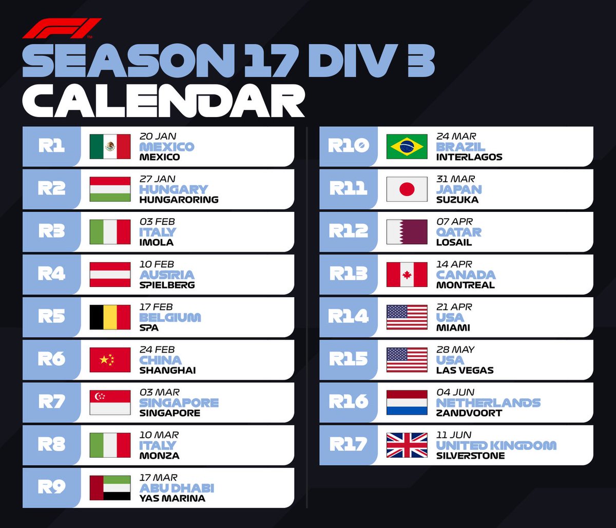 SFRps4's tweet photo. The season 17 Calendar has been released a 17 round season starting in Mexico and ending the season at our home event Silverstone. Welcome also to the league Division 4!! 

#F1Esports https://t.co/2nQuB46JCC