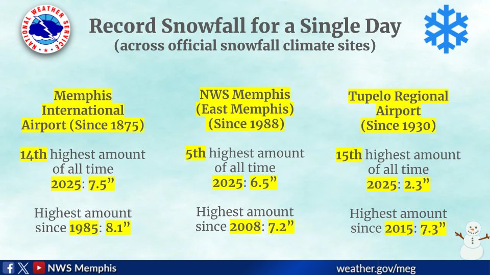 NWSMemphis's tweet photo. This past ❄️snowfall event❄️ was pretty significant. This was the biggest snowfall for Memphis in 40 years! 🤯☃️ #midsouthwx https://t.co/aTF4SGxXW8