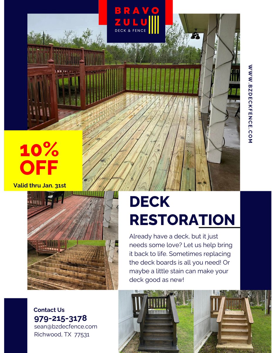 bzdeckfence's tweet photo. LIMITED TIME OFFER!!!
Deck Restoration Sale
Call/Text (979) 215-3178
sean@bzdeckfence.com
https://t.co/w9qfvQONY7
Messenger https://t.co/G6xcxpz9J7