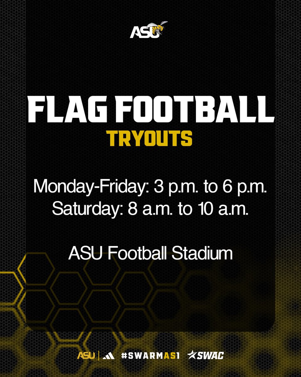 Tryouts begin tomorrow and run through Saturday for our women's flag football team.

Monday-Friday: 3 p.m. to 6 p.m.
Saturday: 8 a.m. to 10 a.m.

ASU Football Stadium

Where History is Made ❗

#SWARMAS1 x <a href="/RCXsports/">RCX Sports</a> x <a href="/NFLFLAG/">NFL FLAG</a>
