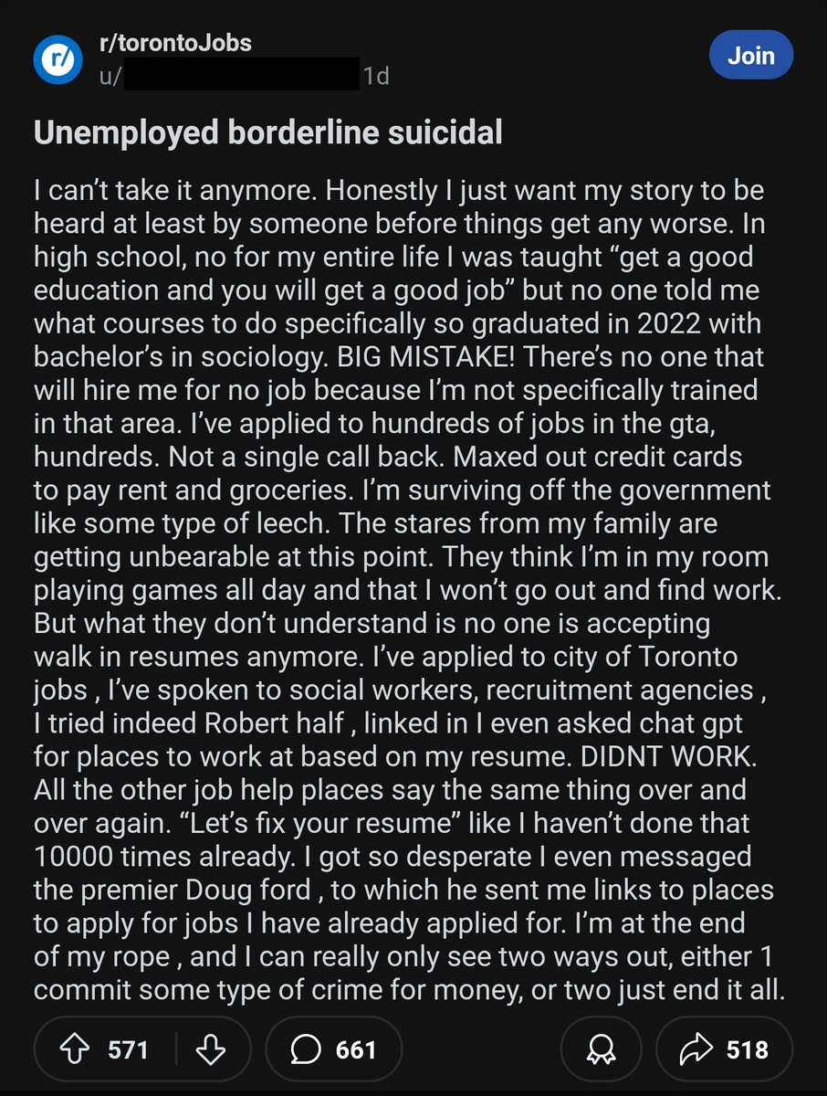 MarketManiaCa's tweet image. How many people are in this boat? The bleak reality of the Toronto job market. Very sad 🥹👇