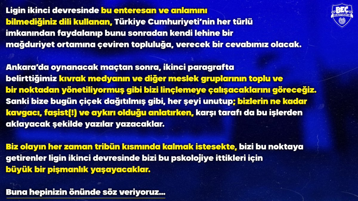 "Alçaklara kar yağıyor üşümedin mi,
Sen bu işin sonunu düşünmedin mi?"

MKE Ankaragücü'müz vs 
Am*d Sportif  Faaliyetler
Tarih: 10.05.2025 / ANKARA
#Ankaragücü - #BekarEviÇocukları