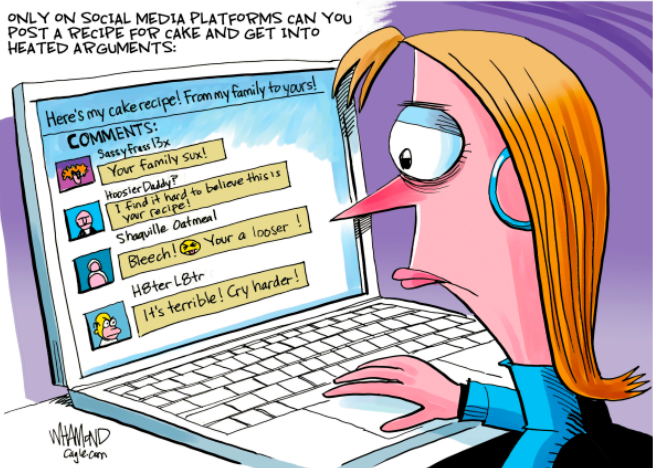 MarcGozlan's tweet image. Il n'y a que sur les réseaux sociaux que tu peux partager une recette de gâteau et te retrouver en prise avec des internautes déchaînés 🍰🔥 
Dave Whamond, Canada, PoliticalCartoons
#socialmedia #toxicity