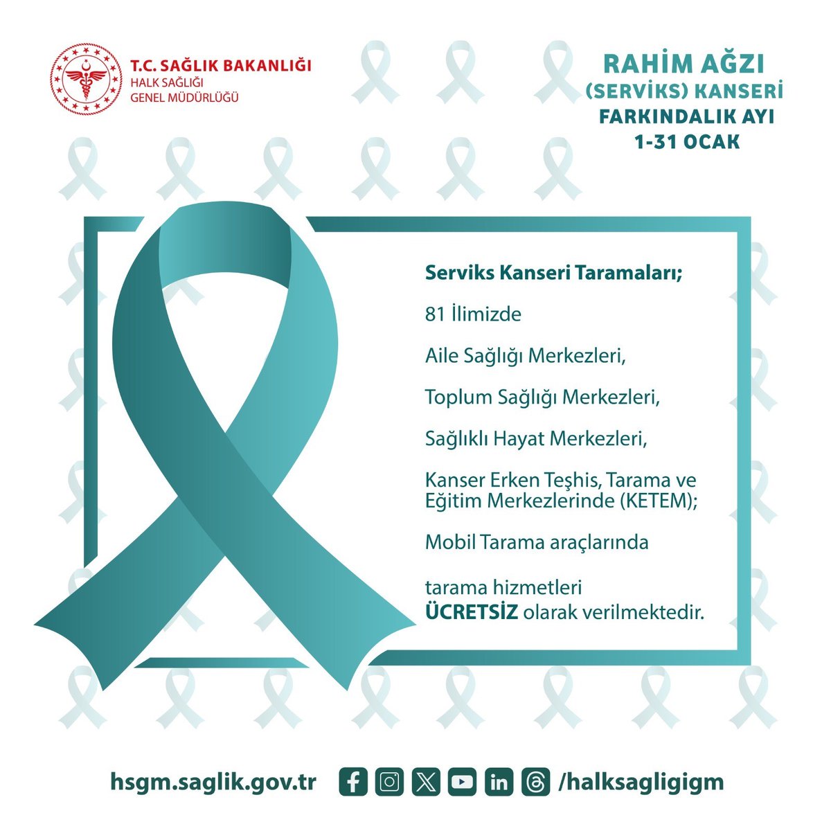 🎗 Ocak Ayı: Rahim Ağzı (Serviks) Kanseri Farkındalık Ayı 🎗

Rahim ağzı kanseri, tarama programları ve aşı uygulamaları ile büyük ölçüde önlenebilir ve erken teşhis edildiğinde tedavi edilebilir bir hastalıktır. Erken teşhis ve toplumsal farkındalık, rahim ağzı kanserine bağlı