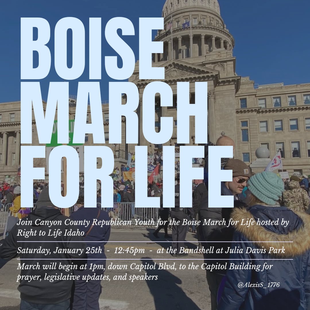 👶BOISE MARCH FOR LIFE👶
Join Canyon County Republican Youth &amp; <a href="/AdaGOPYouth/">Ashley Mujagic</a> for the Boise March for Life!
Rally on the steps with prayer, legislative updates, and speakers 🙏🏼📣
Please RSVP to Alexis by dm or text-
208-960-0409 
IG: instagram.com/canyoncrccyout…