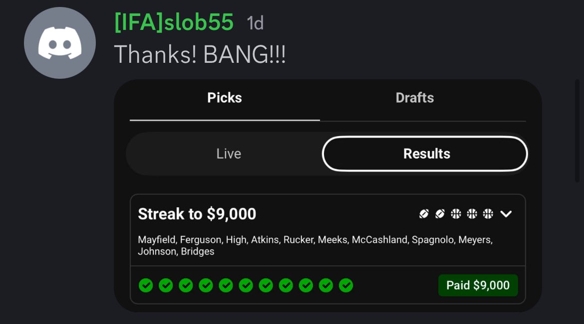 DFS_Universityy's tweet photo. FOUR MORE streaks won in our discord over the weekend! 🤯

Major congrats to our members Baba Mac, Ckdevin, IFAslob, and Boombug on their huge wins! ✅

Over $210K has been won off streaks alone in our community so far and we’re no where near finished yet! 😤 https://t.co/bbhFSdVsVL