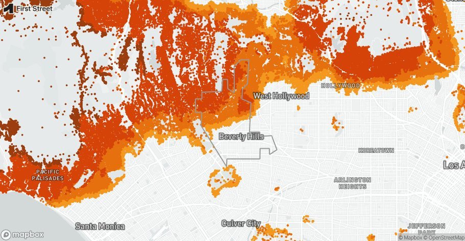 youyoyotoo's tweet photo. James. this was the fire threat map published  for the entire area long before these fires starting. The insurance companies knew, the owners knew, the cities knew, the state knew. Insurance companbies demanded rate ups when state of jurisdictions did not abate the risks, state insurance commissioner denied and they exited those markets. This map came from Beverly Hills government planning website and is OLD notice and planning.