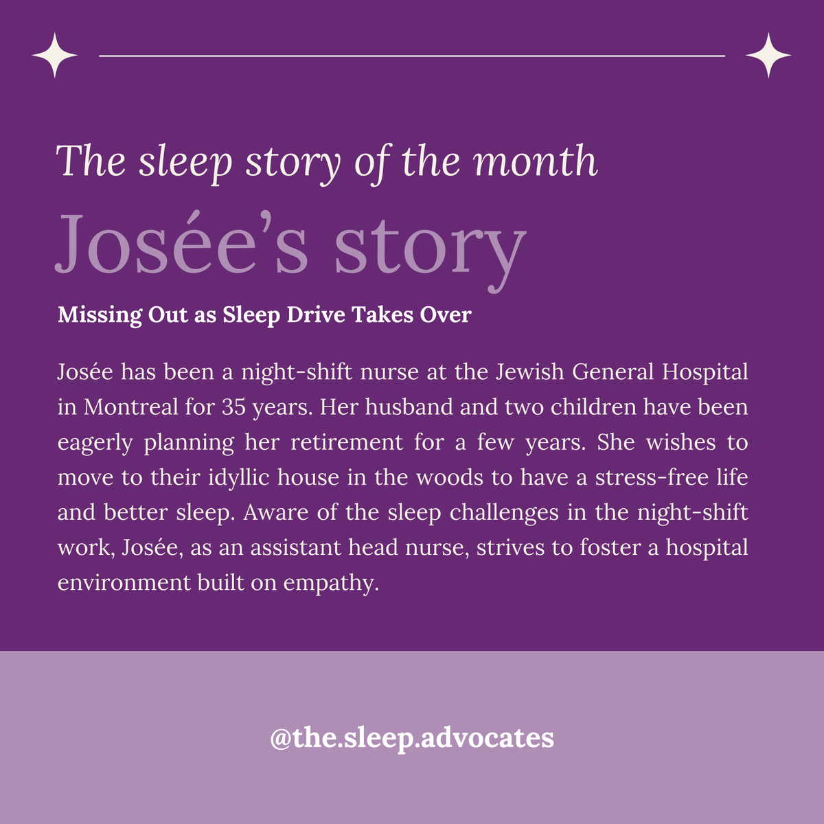 Josée, a night-shift nurse, shares her sleep struggles, experience with drowsy driving and recommendations to improve night-shift nurse retention in hospitals

css-scs.ca/share-your-sle…

<a href="/mcgillu/">McGill University</a> 
<a href="/TheNeuro_MNI/">The Neuro</a> 
<a href="/canadiansleep/">Canadian Sleep Research Consortium</a> 
<a href="/ReseauSommeilQC/">ReseauSommeilQc</a>