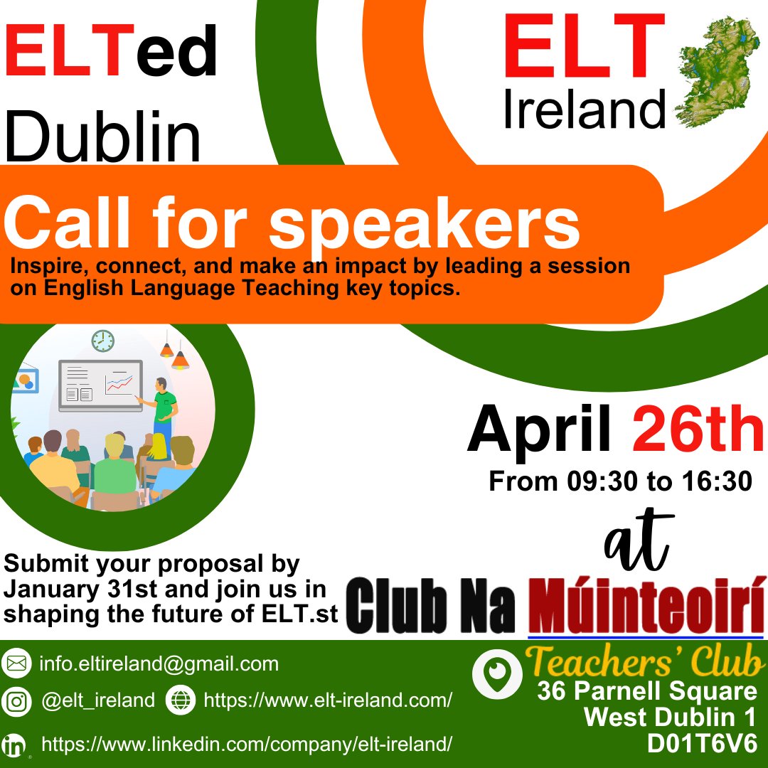 ELTIreland's tweet photo. 📢  Call for speakers! 📢

We’re now accepting submissions for speakers at this year’s ELTed event. If you have insights, strategies, or experiences to share, we’d love to hear from you:

https://t.co/oTcAg9IBDD

📝  Fill out the form today! https://t.co/6Srulp9CjA