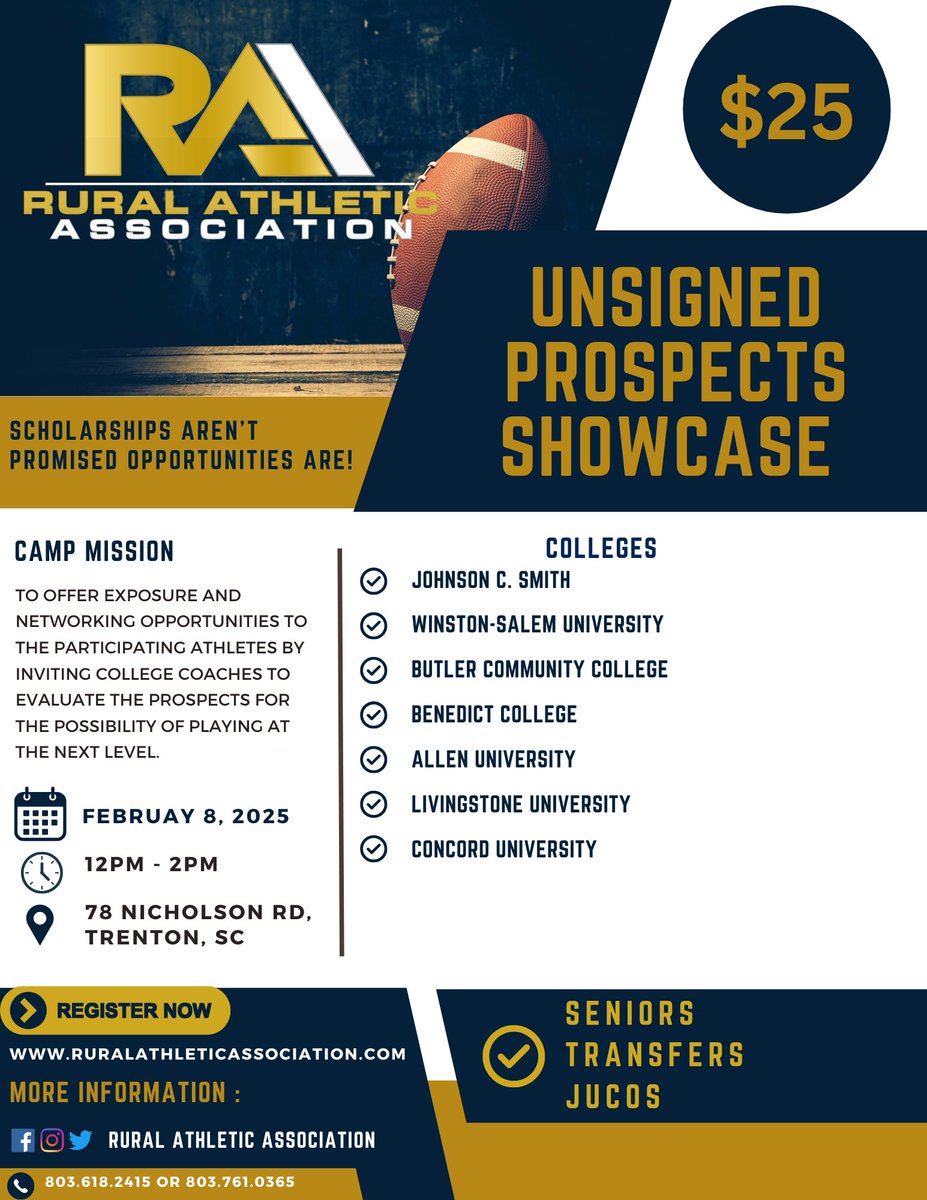 ATTENTION!! Too all Unsigned Senior, Juco, or Portal Kid looking for a home, look no farther!! <a href="/RA_ASSOCIATION/">Rural Athletic Association</a> <a href="/ProspectsGloba1/">Prospects Global</a> Appreciated all the coaches who plan to attend!! <a href="/CoachTripp98/">Barry Tripp</a> <a href="/coach_stew23/">Corey Stewart</a> <a href="/Coach_JL51/">Coach_Landoll</a> <a href="/CoachHolmes5/">Coach Paul Holmes</a> <a href="/CoachMcRae77/">CoachTez</a> <a href="/CoachWTrenchMob/">Coach Dr. Mark A. Williams Jr. 🤘🏾</a> <a href="/CoachBlake41/">David Blake</a>