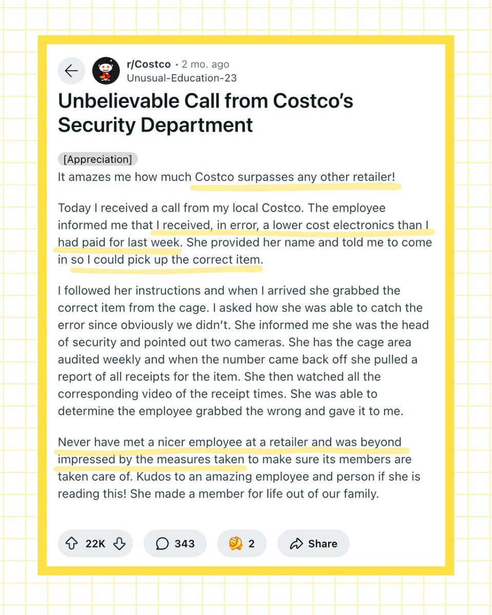 hot take: empathy is the new efficiency in 2025 💛

especially in retail.

while so many retailers are chasing ai &amp; automation, costco has been quietly crushing this for years. they prioritize employees &amp; create real human connections with customers. it’s why their loyal fan base