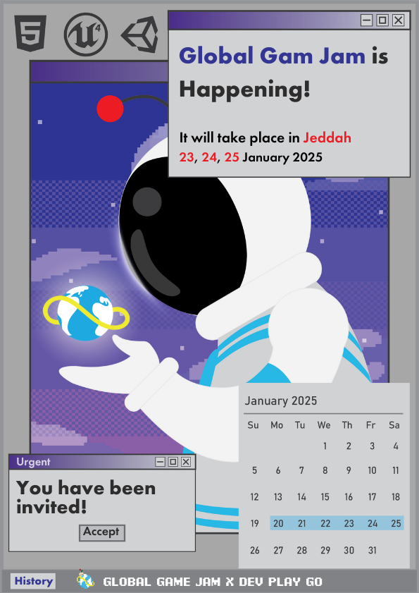 حان وقت المربى! شاركونا فعالية #تطوير_الالعاب العالمية في #جدة 🌊

ايش هو <a href="/globalgamejam/">GlobalGameJam</a> هي فعالية عالمية سنوية فكرتها عبارة عن تحدي لنمذجة لعبة في 48 ساعة باستخدام موضوع محدد مسبقا

للتسجيل
globalgamejam.org/jam-sites/2025… 

#GGJ25 #JeddahGGJ #DevPlayGo
