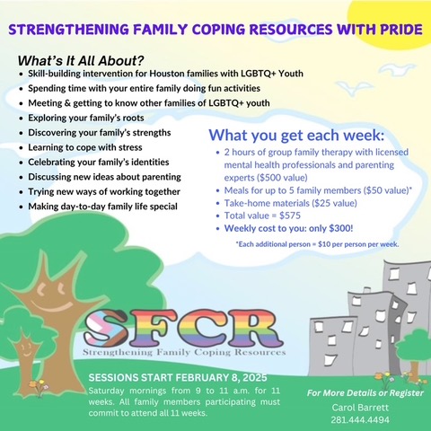 New group for families with LGBTQ+ Youth. Contact Carol Barrett for more details or to register. Find out more about the SFCR model at sfcresources.org