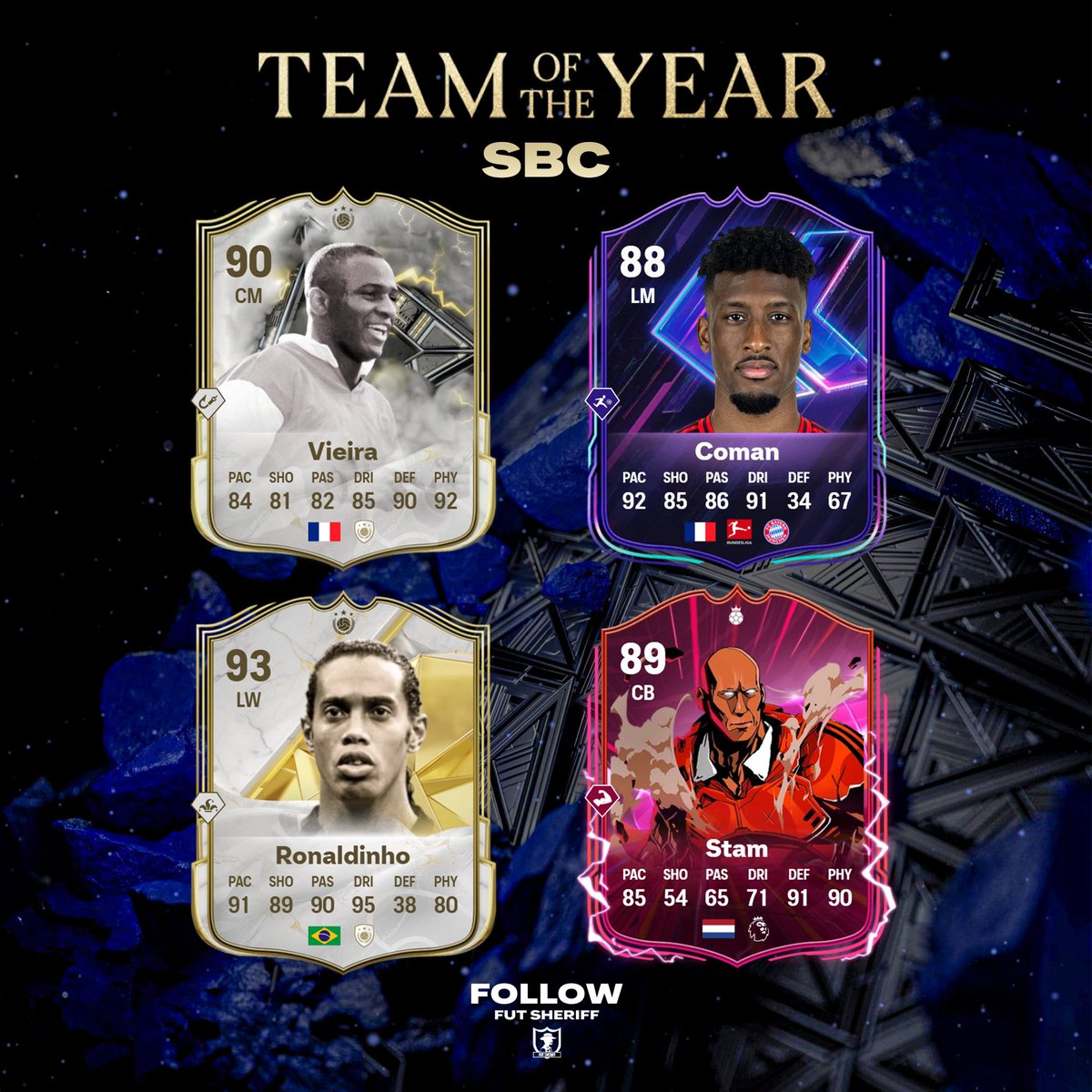 FutSheriff's tweet photo. 🚨 SBC’s coming in the upcoming days:

• 🇫🇷 Thunderstruck Vieira
• 🇫🇷 Flashback Coman
• 🇧🇷 Base Ronaldinho
• 🇳🇱 Prime Stam 

We will be there 👀🥶🔥 #FC25 https://t.co/sY3DfyS0KM