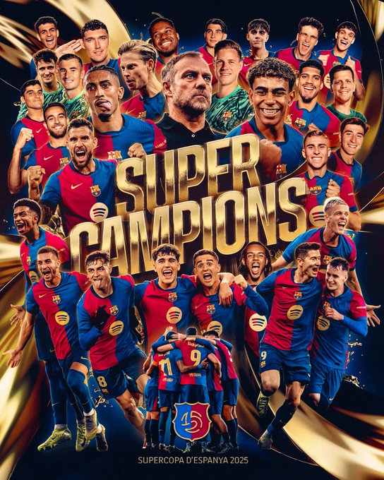 SVargasOK's tweet photo. 🚨 ¡Goleada histórica y Barcelona campeón de la Supercopa de España!

🔥 Los dirigidos por Flick volvieron a golear al Real Madrid, esta vez 5-2 y se proclamaron súpercampeones en Yeda.

🤔 ¿Opiniones del partido? ¡Los leo! 👇