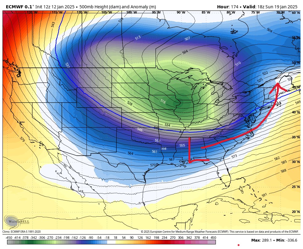 SNOW TRACK? By the end of this week, the core of the cold will be situated West of MD. 👇 Watch for a series of storms coming out of the Gulf region Jan 18th - 24th. That's a good track for snow events here in the Mid Atlantic. Specifics? No, not yet. 🙂 Stay tuned... ❄️🚂