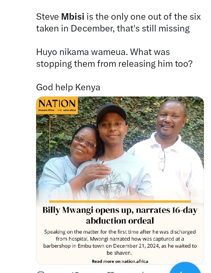 Maverick Aoko (@aokootieno_) on Twitter photo Where is Steve Kavingo Mbisi
Kamba Nation!
<a href="/skmusyoka/">Kalonzo Musyoka</a> , where is this boy?
You can't fight for us If you can't rescue, yours!
Sitambui huyo Tanzanian Mariah until Steve is found...Dead or Alive
Pan Africanism starts within
Fight for your own! Shameless hypocrites Where is Steve Kavingo Mbisi
Kamba Nation!
<a href="/skmusyoka/">Kalonzo Musyoka</a> , where is this boy?
You can't fight for us If you can't rescue, yours!
Sitambui huyo Tanzanian Mariah until Steve is found...Dead or Alive
Pan Africanism starts within
Fight for your own! Shameless hypocrites