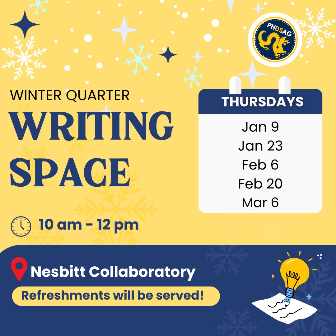 phdsag's tweet image. Join us this Winter Quarter on alternating Thursdays for #WritingSpace at Nesbitt Collaboratory! 🤓