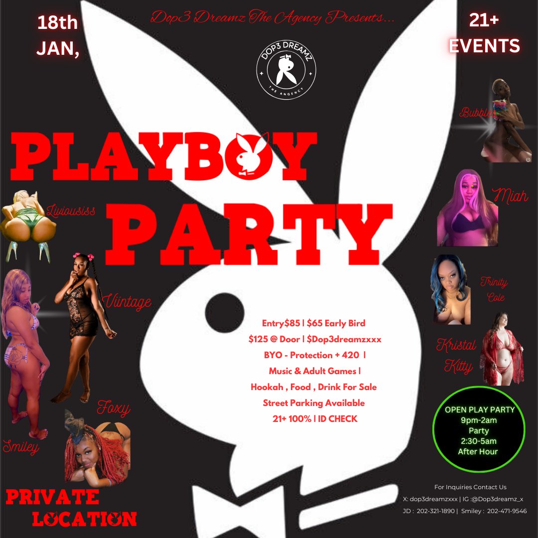 cheflongdick's tweet photo. SAT JANUARY 18th
8+ Ladies
| $65 Early Bird Tickets Till Tuesday Jan 14th then tickets go up to $85 | $125 At the Door |
BWOC | BWOW | Street Parking | Hookah | Food | Open Bar
Best Bunny Contest | 100% ID Check
|Music and Games|
Adult Games | Music |
@dop3dreamzXXX
#PlayBoyParty #Dop3Dreamz