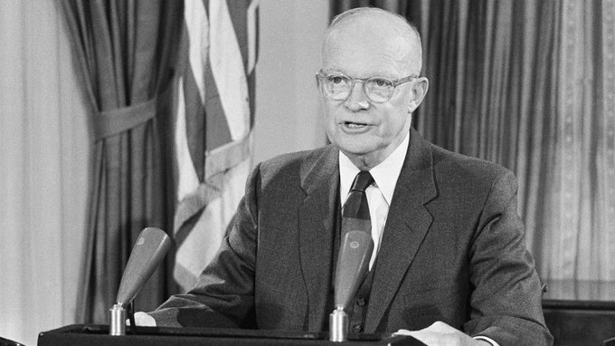 MilHistNow's tweet photo. On this day in 1961, President Dwight D Eisenhower delivers an ominous farewell address to the American people. During the 16-minute televised speech, Ike describes the rise of "a permanent armaments industry of vast proportions" and warns of the threat it poses to democracy. https://t.co/5QAwB5f0Ir