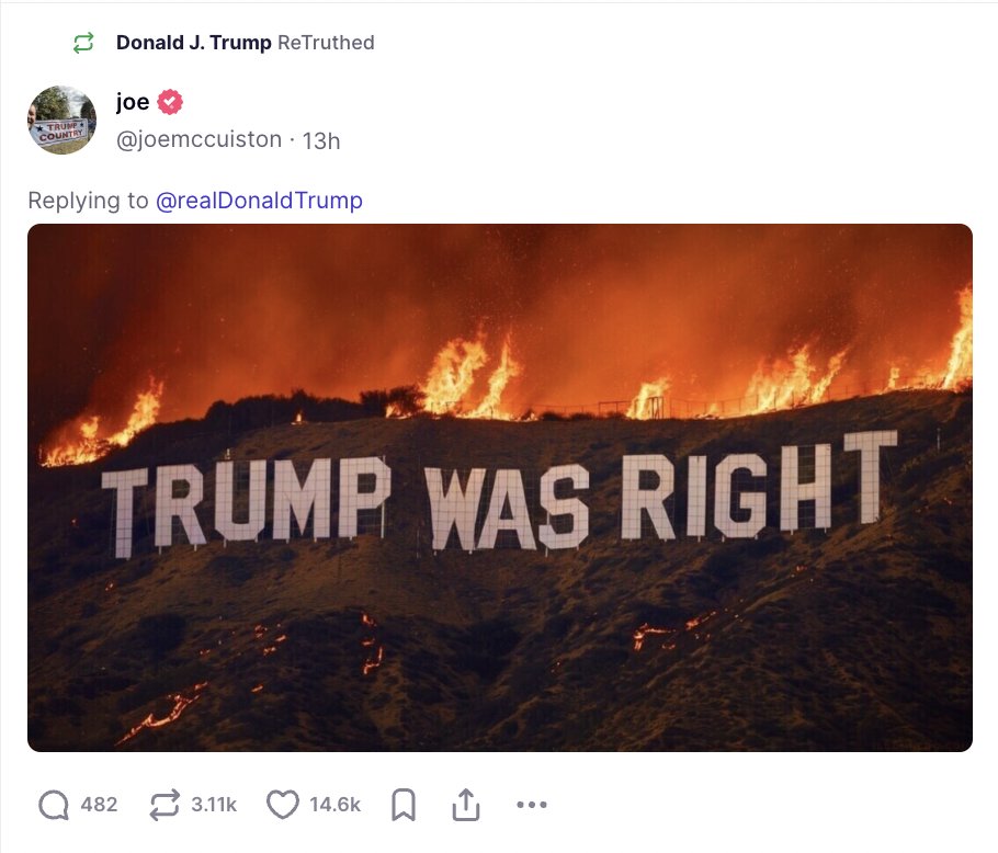 This is what the incoming president is doing. Taking some misguided victory lap as LA burns. Has he uttered a single well wish for the millions of people in this city or is that only reserved for those who display sufficient fealty?