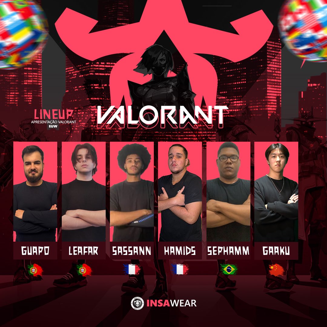 INSANITYggwp's tweet photo. 🚨 ANÚNCIO OFICIAL! 🚨

A INSANITY EUW está pronta para conquistar o cenário europeu de Valorant! 💥🔥

Apresentamos com orgulho nossa nova line-up:
🇵🇹 Guapo @MCguapo_tv
🇵🇹 Leafar @LEAFAR_leaf
🇫🇷 Sassann @Sassann69
🇫🇷 Hamids @Daycon42
🇧🇷 Sephamm @felipesephamm
🇨🇳 Gaaku @GaakuVAL https://t.co/YdUbi0NXDk