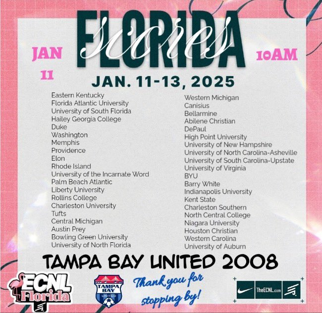 Thank you to all the coaches that came to watch my team at Day 1 of the ECNL Florida Winter Showcase!