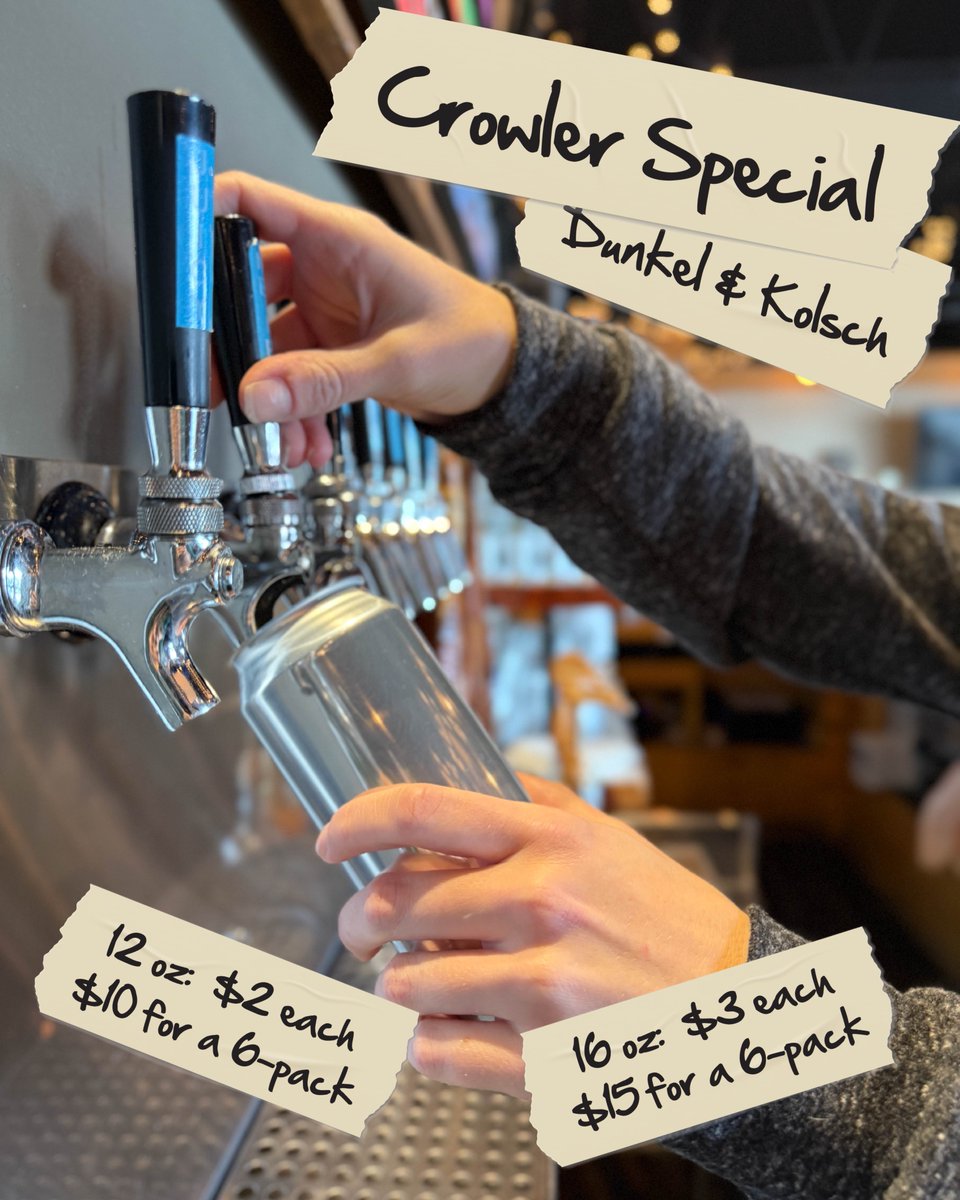 🍺 CROWLER SPECIAL ALERT! 🍺
Get Dunkelweisse and Kolsch crowlers at crazy prices this January!

12 oz: $2 each | $10 for a 6-pack
16 oz: $3 each | $15 for a 6-pack
Don't miss out! Stock up while supplies last!
#MainChannelBrewery #CraftBeer