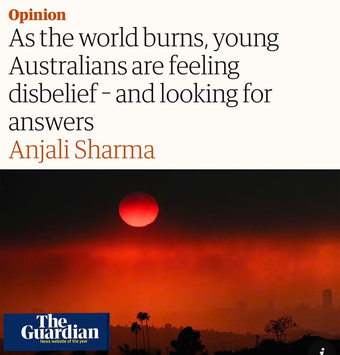 Young Australians have every right to be angry. 

Successive Australian governments have continued expanding the fossil fuel industry and the result is more climate disasters like we are seeing in LA.
We have a duty of care to protect our environment for future generations.
