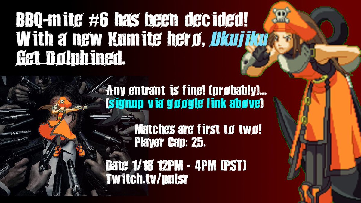 atomicoffspring's tweet image. Friendly reminder that this coming Saturday (1/18) is @Ukujiku's farewell Kumite! Uku will have to endure the onslaught of players we send at him for a grueling  3-4 hour block.

Signup here for your spot: docs.google.com/forms/d/1CO1rS……

@ACPR @GuiltyGear