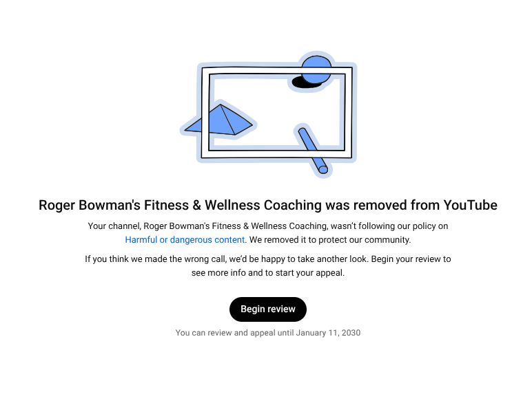 FitTrainerRoger's tweet photo. @TeamYouTube  I've worked very hard for years to build my channel, to create a ton of videos and information for my clients/followers.

I don't believe my channel violated any policy and there was a mistake terminating it without warning. I'm hoping  for human review and help 🙏 https://t.co/I00ChvS5VU