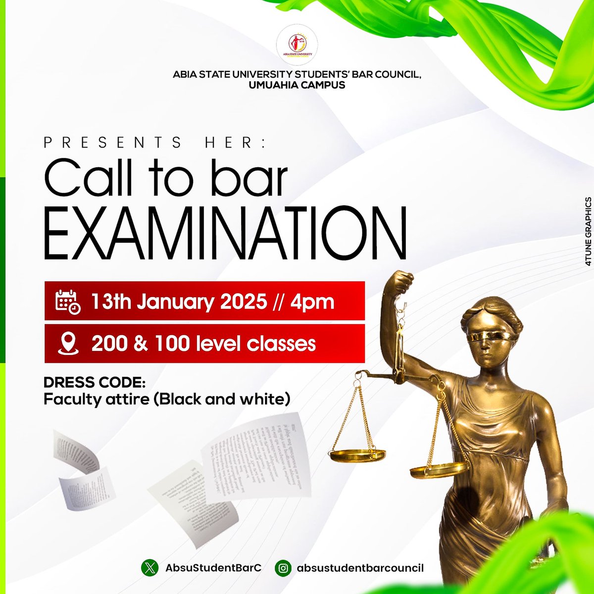 AbsuStudentBarC's tweet photo. NOTICE OF CALL TO BAR WEEK.

 It's Call to Bar week already!!!
 This is to bring to the notice of all participants that the Call to Bar Examination is scheduled to hold on Monday, the 13th of January, 2025.
Time: 4pm
Venue: 200 &amp; 100 level classes.
Best of Luck!!! https://t.co/OHH0rtiS2C