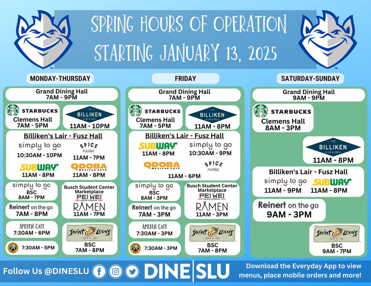 We re so glad to have everyone back on campus! Here are your Spring Hours of Operation, starting tomorrow.
