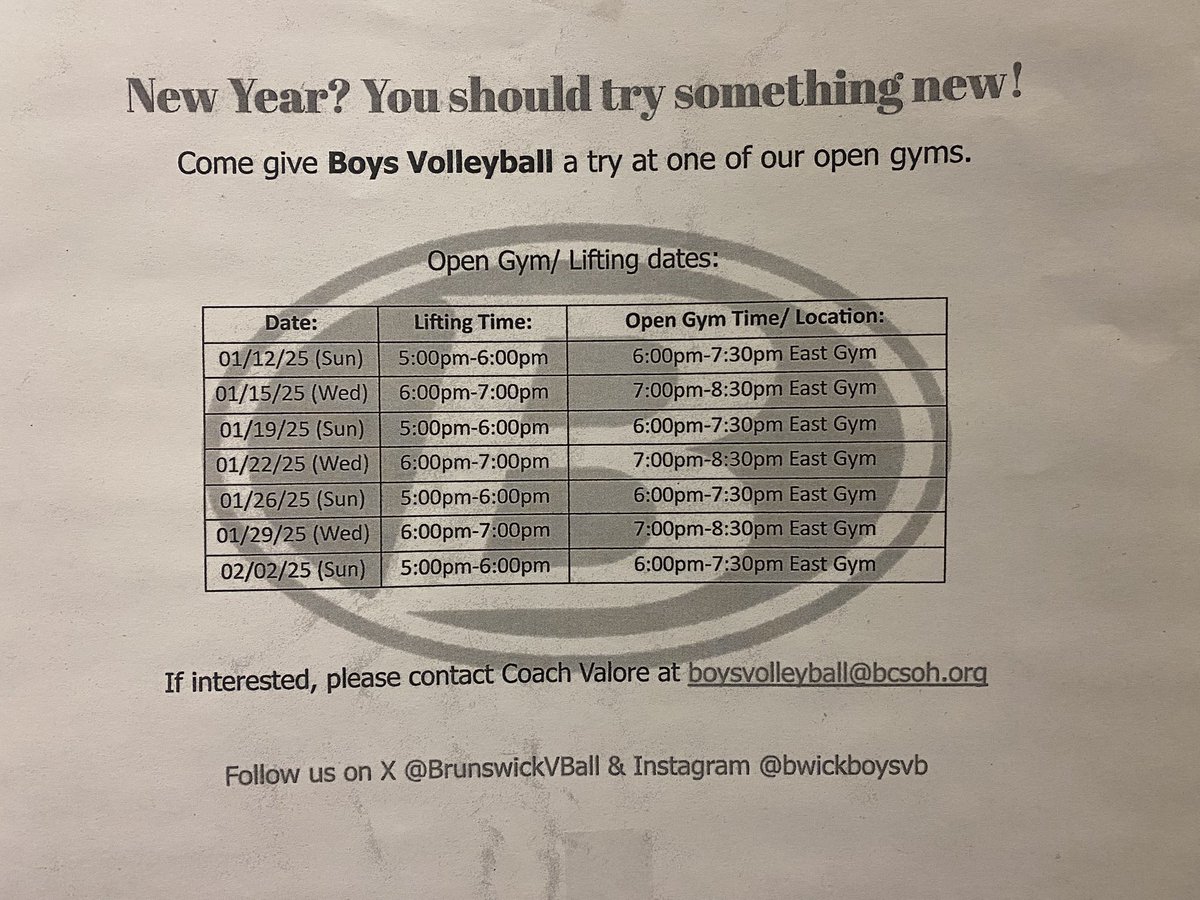 Open Gym/Lifting Schedule.