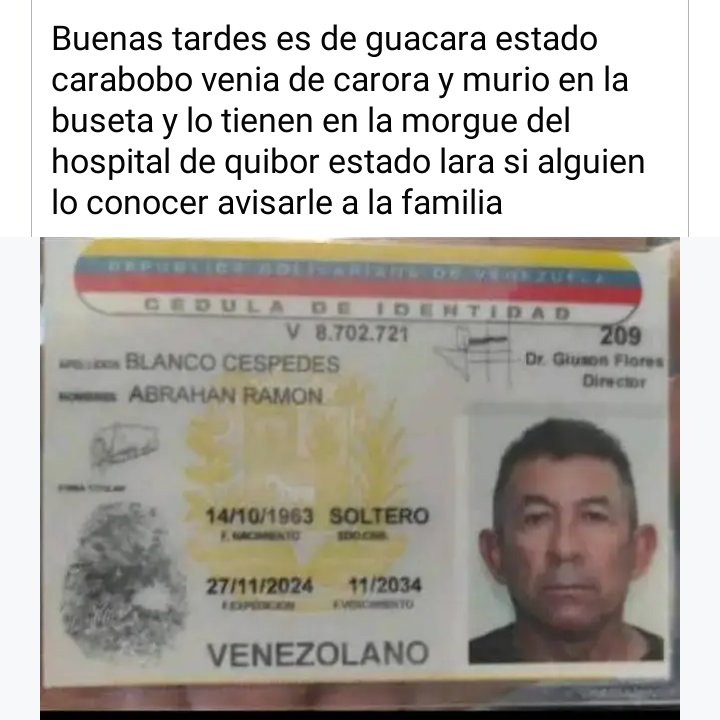 Nancy04_12_2014's tweet photo. #URGENTE 

ESTE SEÑOR MURIÓ DE UN INFARTO LO TIENEN EN EL HOSPITAL DE QUIBOR ESTADO #LARA 

SI ALQUIEN LO CONOCE AVISARLE A SUS FAMILIARES

AYUDA A COMPARTIR PARA QUE LA FAMILIA LO ENCUENTRE. https://t.co/Tz8S3i6RPP