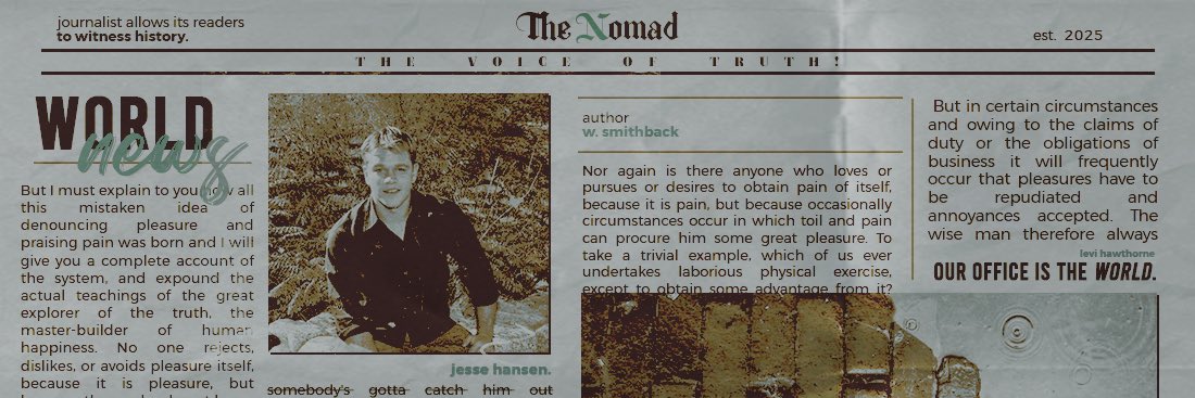 THENOMADNEWS's tweet photo. ᅠ
ᅠ
⠀⠀⠀⠀⠀𝐓𝐇𝐄  𝐍𝐎𝐌𝐀𝐃  ─────  𝐕𝐎𝐈𝐂𝐄.
             𝖤𝖲𝖳𝖠𝖡𝖫𝖨𝖲𝖧𝖤𝖣  𝖨𝖭  𝖡𝖮𝖲𝖳𝖮𝖭   、  𝟤𝟢𝟤𝟧.
⠀⠀                .  .  .   ⠀𝓌𝐨𝐫𝐥𝐝𝐰𝐢𝐝𝐞  𝐧𝐞𝐰𝐬.
ᅠ
ᅠᅠ https://t.co/vIG3sW9Yci