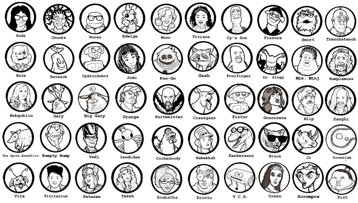 SifillisStories's tweet photo. Fifty Sifillis Stories characters as drawn by the great Josh Way. Read the stories for free: https://t.co/y0ZooJI3d9

#art #fart #illustration #illustrationart #illustrationfart #chunks #soda #fissure #minj #vadj #pucas #edwige #smort #mono #scrumpox #fartmeister #vcr #gary #poo https://t.co/Q0C7djx3oG