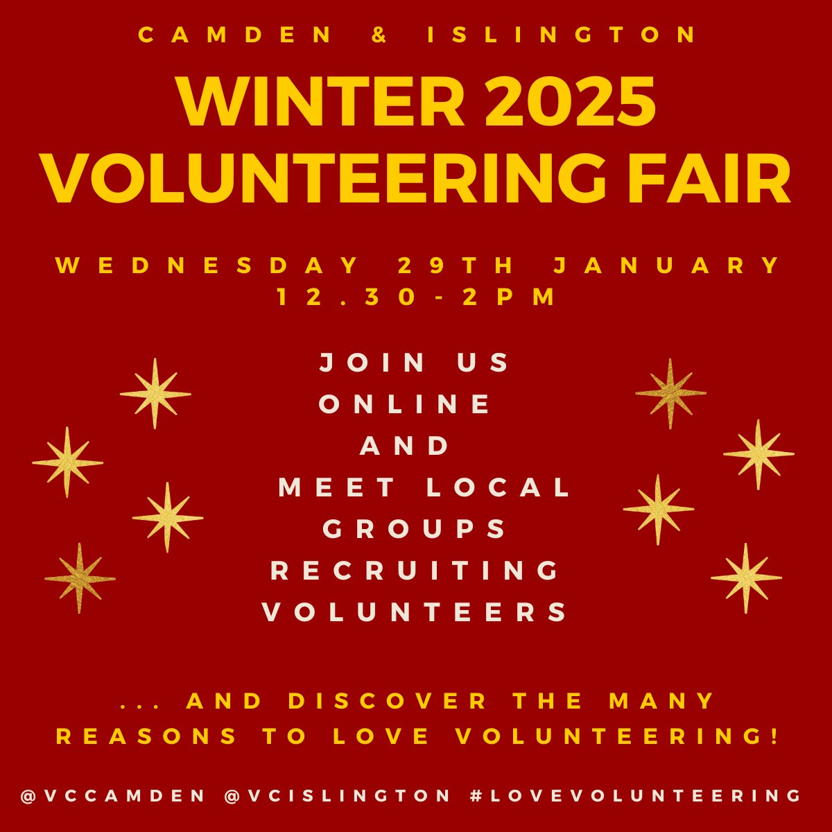 Book your place at our Camden and Islington Winter 2025 Volunteering Fair which we are co-hosting with @vcislington. The fair is online on Wednesday 29th January, 12.30-2pm. Book your place here: eventbrite.co.uk/e/1073120114149 #wemakecamden @onecamden