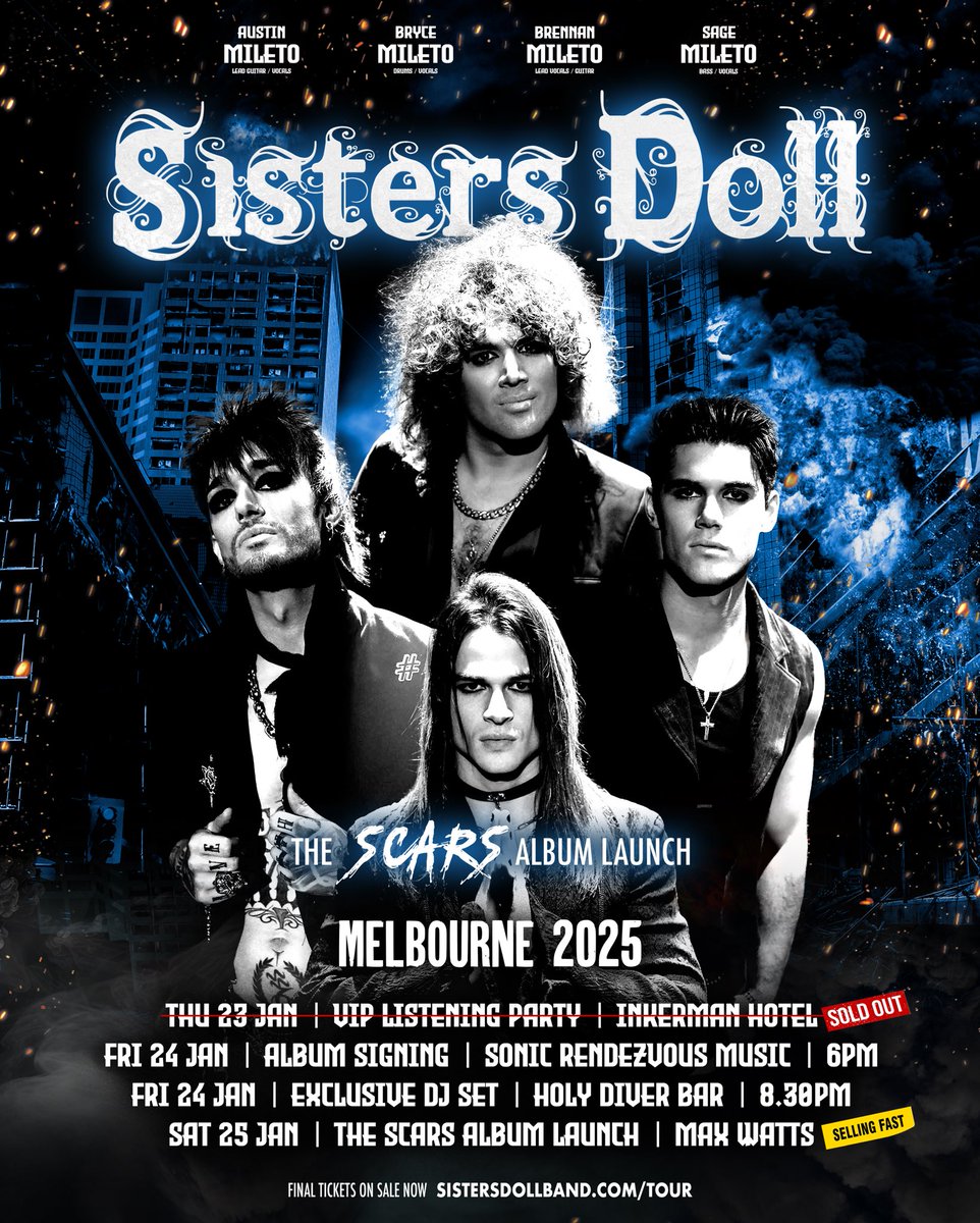 SistersDoll's tweet photo. 💥 The 𝘼𝙇𝘽𝙐𝙈 𝙇𝘼𝙐𝙉𝘾𝙃 weekend is almost here.. We can’t wait to finally release our third album “𝙎𝘾𝘼𝙍𝙎” and celebrate with the Doll Army all over Australia. 🇦🇺

🎫 Final tickets on sale now 👉 https://t.co/3LcRWu4c6P https://t.co/xPdQCjO9qp