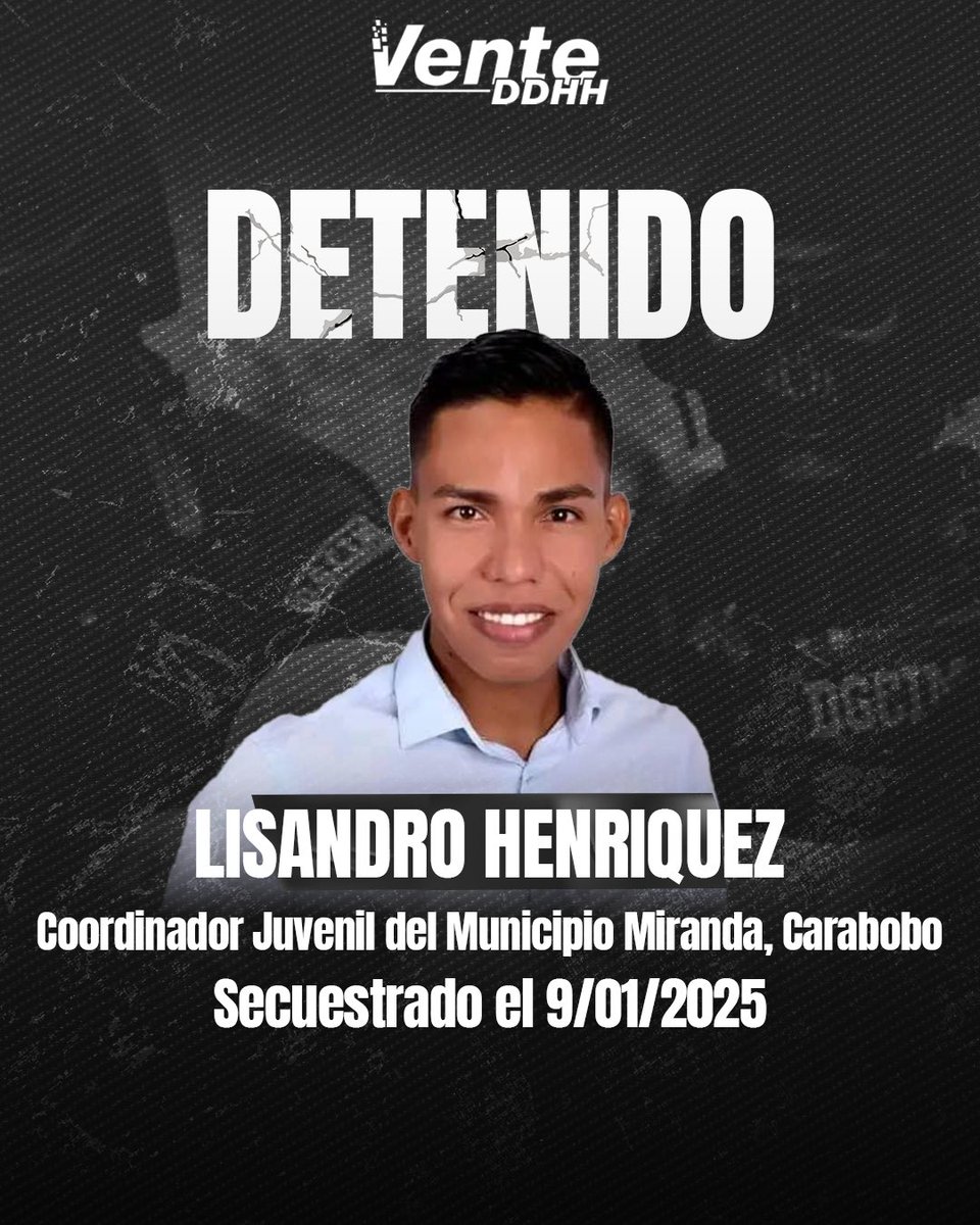 9sirvent's tweet photo. Un gran amigo también ha sido secuestrado.

Lisandro, es el coordinador juvenil de Vente en el Mn Miranda de Carabobo, solo por pensar distinto y defender sus ideales fue perseguido y detenido.

Hoy su hermana y su familia se encuentran muy preocupados por él.

Liberen a Lisandro https://t.co/dM5wRp6Maj