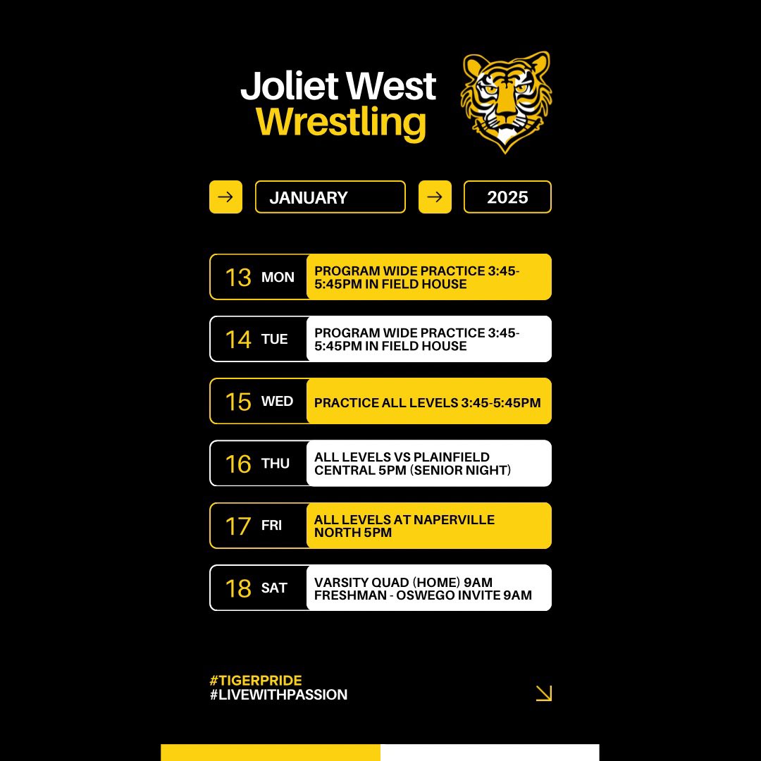 JolietWWrestle's tweet photo. Schedule for week 10! #TigerPride #LiveWithPassion https://t.co/D3E0A66mM2