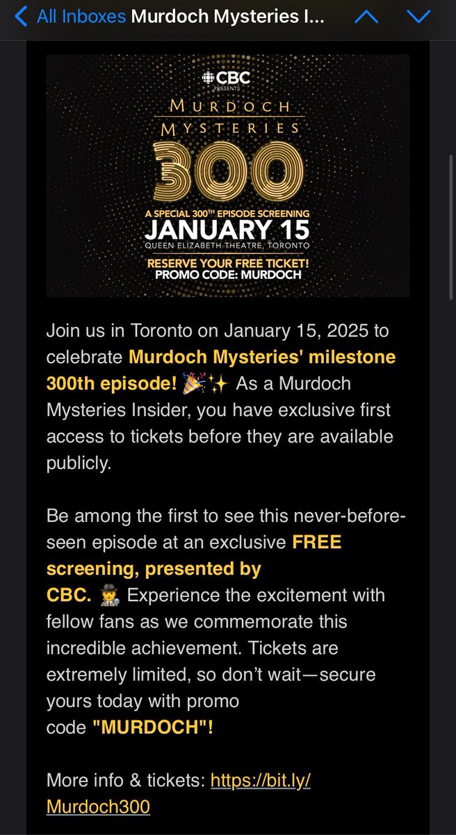 _crabtreee's tweet photo. Hey hey Murdochians!
I have 4 free tickets to the 300th episode event this Wednesday (Jan 15) I can no longer attend w my family.
They're up for grabs!! Reply or DM if interested!! 

#MurdochMysteries https://t.co/OskeJ1pojF